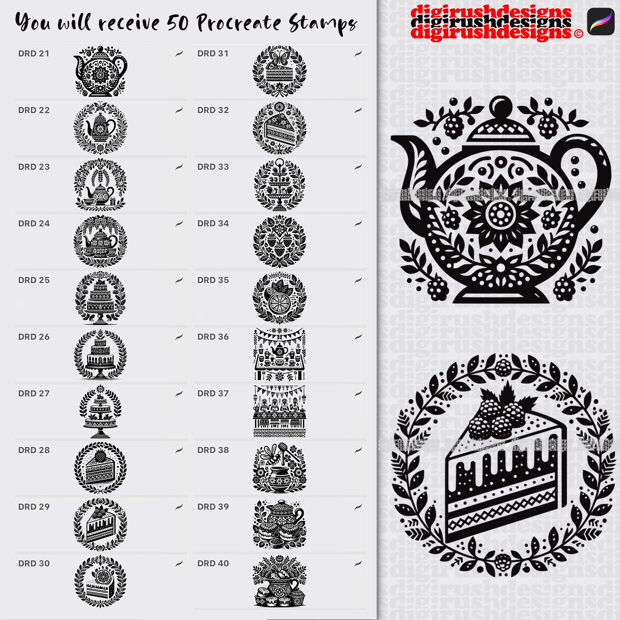 Tea Party Folk Art Procreate Stamps Scandinavian Folk Art Birthday Cake ...