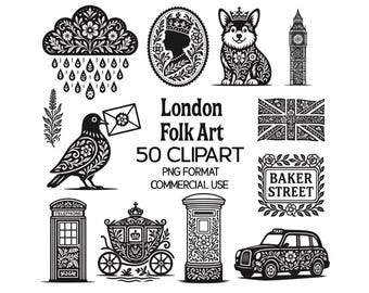 50 London Folk Art Clipart: British Icons Silhouette (PNG Digital Download)
