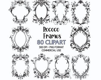80 cornici rococò clipart: sovrapposizioni PNG di bordi floreali vintage (download digitale)
