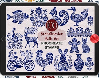 100 timbri Procreate ispirati all'arte popolare scandinava: folklore nordico (set di pennelli digitali)