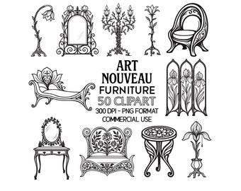 50 immagini clipart di mobili Art Nouveau: disegni floreali vintage (download digitale PNG)
