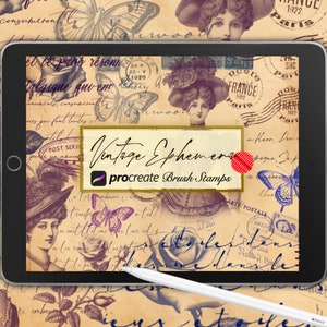 Vintage Ephemera Procreate francobolli Pennelli Ephemera francese Vittoriano vecchia scrittura tatuaggio francobolli vecchia trama di carta, francobolli vintage