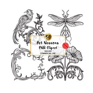 Art nouveau clipart digitale download png, vintage bloemen botanische lijntekeningen illustraties, sierlijke art deco bloemen dierlijk motief png-bestand vol 2