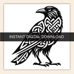 May include: A black and white graphic illustration of a raven featuring intricate Celtic knotwork patterns integrated into its feathers. A horizontal black bar across the center contains the white text INSTANT DIGITAL DOWNLOAD.