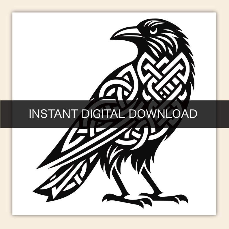 May include: A black and white graphic illustration of a raven featuring intricate Celtic knotwork patterns integrated into its feathers. A horizontal black bar across the center contains the white text INSTANT DIGITAL DOWNLOAD.