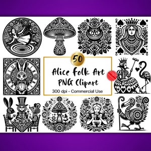 Images clipart des aventures d'Alice au pays des merveilles, reine de coeur art folklorique scandinave, téléchargement numérique imprimable psychédélique