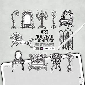 May include: Black and white Art Nouveau furniture stamps for Procreate. The image shows various furniture designs, including a chair, table, mirror, and a chaise lounge. The text reads "ART NOUVEAU FURNITURE 50 STAMPS for Procreate."