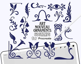 60 timbri Art Nouveau per Procreate: set di pennelli con ornamenti floreali (pennelli digitali)