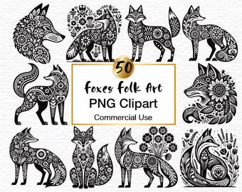 50 Fox Folk Art Clipart: Nordic Floral Animal Silhouette PNG (Digital Download)