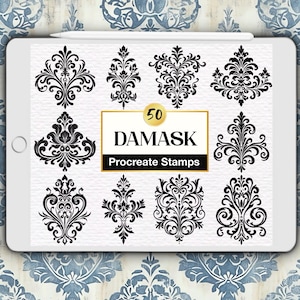 50 sellos de damasco para Procreate: elementos decorativos florales medievales (juego de pinceles digitales)