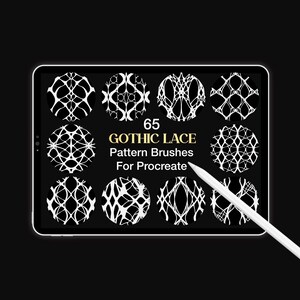 May include: A digital tablet screen displaying 65 GOTHIC LACE Pattern Brushes For Procreate with ten circular white lace-like patterns on a black background and a white stylus resting diagonally across the lower right corner of the screen.