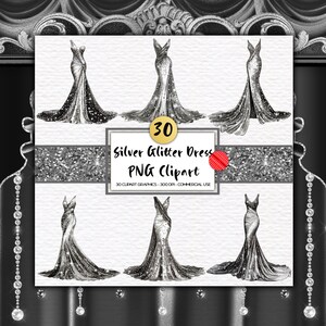 Plata brillo vestido clipart princesa vestido de noche clip art brillante vestido de fiesta desfile digital descargar cuento de hadas moda imprimible fiesta