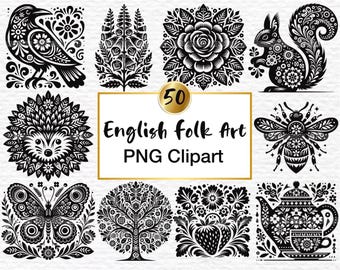 50 English Folk Art Clipart: British Folklore Flowers & Animals (PNG Digital Download)