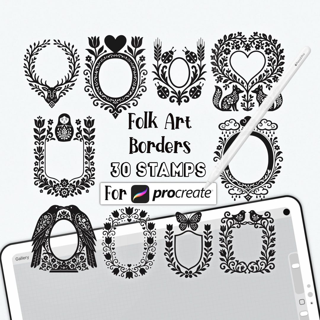 30 Folk Art Borders Procreate Stamps: Scandinavian Frame (digital Brush ...