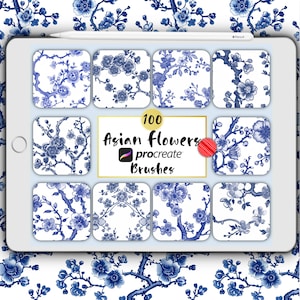 アジアの花柄 Procreate ブラシ、シームレスな中国磁器の花 Procreate バンドル、アジアの繊細な花柄