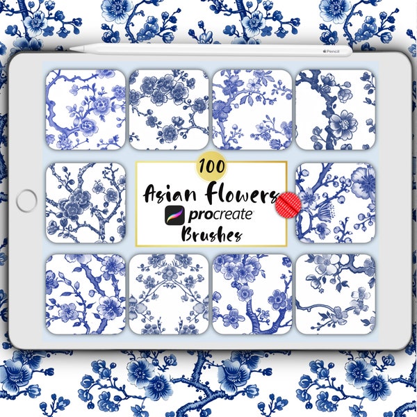 Asian Flowers Pattern Procreate Brushes, Seamless Chinese Porcelain Flowers Procreate Bundle, Delicate Floral Patterns of Asia