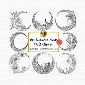 Jugendstil Mond Clipart PNG digitaler Download Vintage Blumen Halbmond Mond Clip Art PNG Datei Verziertes Mond Gesicht Botanische Linie Kunst