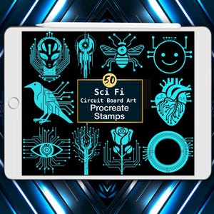 Pode incluir: Um tablet branco exibindo uma coleção de 50 carimbos Procreate de arte de placa de circuito ciano em um fundo preto. Os gráficos digitais incluem uma cabeça alienígena, uma abelha, um rosto sorridente, um pássaro, um coração, um olho, uma rosa e formas.