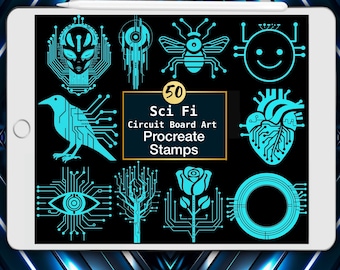 50 Sci-Fi Circuit Board Procreate Stamps: Cyberpunk Futuristic Designs (Digital Brush Set)