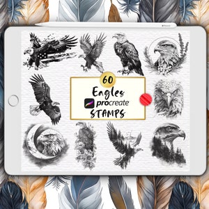 Op de afbeelding: Een digitale illustratie van 60 zwart-witte adelaarsstempels voor Procreate. De stempels tonen adelaars in verschillende poses, waaronder vliegen, zitten en in profiel. De tekst "60 Eagles Procreate Stamps" wordt weergegeven in een wit kader met een blauw en paars Procreate-logo.