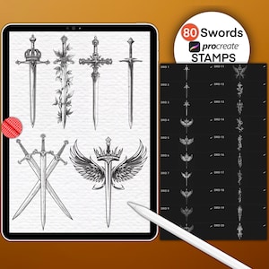 May include: A digital illustration of 80 different sword designs. The swords are drawn in black and white and are in various styles, including medieval, fantasy, and modern. The image is labelled "80 Swords procreate STAMPS".