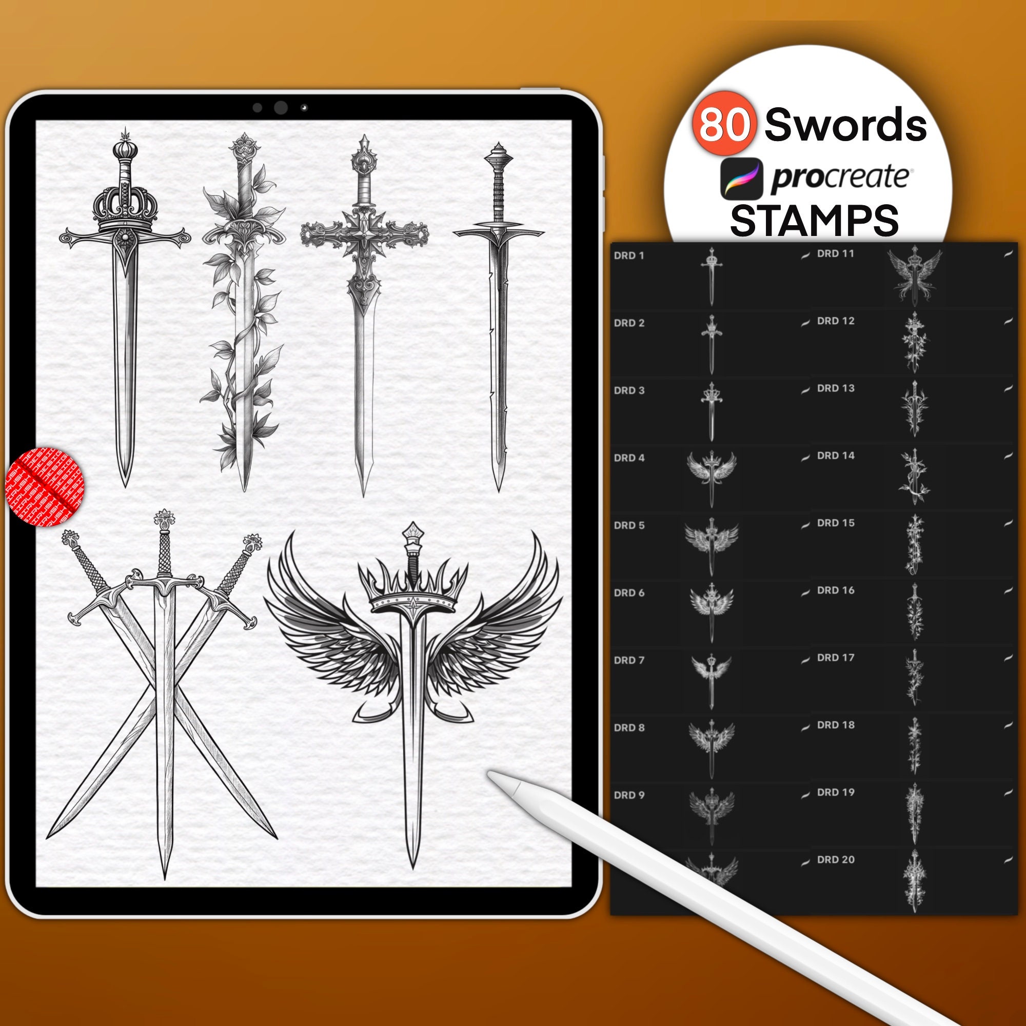 Procreate Swords Stamps, Swords & Daggers Brushes, Fantasy, Medieval Sword Line Art, Sword Line Outlines, Sword Silhouettes Tattoo Stamps