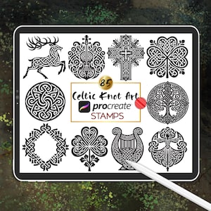May include: A digital tablet screen displaying 85 black and white Celtic knot art stamps for Procreate. The stamps include a deer, a cross, a harp, a tree, a shamrock, and other designs.
