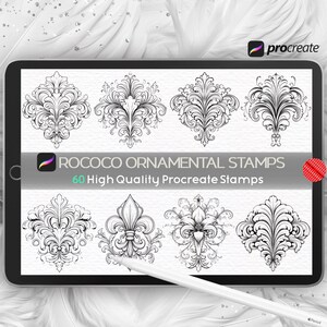 May include: A digital tablet displays Rococo ornamental stamps for Procreate. The screen shows eight black and white decorative designs with intricate floral and scrollwork patterns. The text reads "ROCOCO ORNAMENTAL STAMPS 60 High Quality Procreate Stamps."