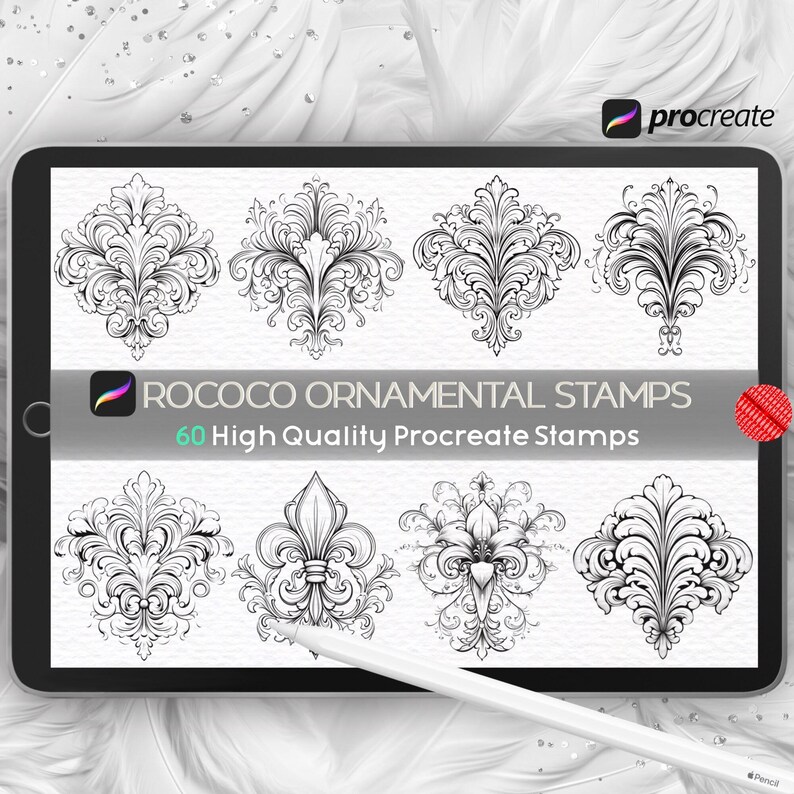 May include: A digital tablet displays Rococo ornamental stamps for Procreate. The screen shows eight black and white decorative designs with intricate floral and scrollwork patterns. The text reads "ROCOCO ORNAMENTAL STAMPS 60 High Quality Procreate Stamps."