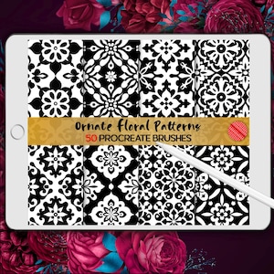 May include: A digital tablet displaying a set of 50 Procreate brushes featuring ornate black and white floral patterns. The text "Ornate Floral Patterns 50 Procreate Brushes" is displayed on the tablet.