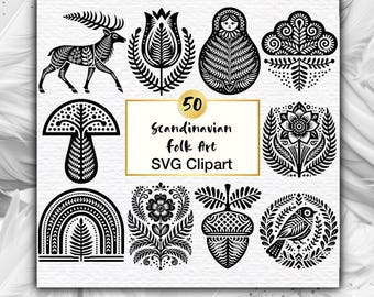 50 Scandinavian Folk Art SVG Bundle: Nordic Floral & Animal Designs (Digital Download)