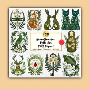Scandinavische volkskunst Clipart PNG-afbeeldingen - Scandinavische folklore digitale download - traditionele botanische volkskunst bloemen en dieren printables