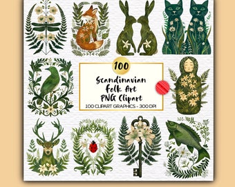 100 Scandinavian Folk Art Clipart: Nordic Floral Animals (PNG Digital Download)