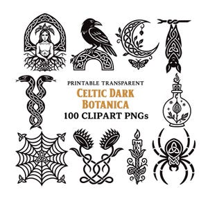 May include: Black and white digital clipart set featuring Celtic and botanical designs. Includes images of a raven, crescent moon, bat, snakes, spiderweb, Venus flytraps, candle, and a spider. Text reads "PRINTABLE TRANSPARENT CELTIC DARK BOTANICA 100 CLIPART PNGs."