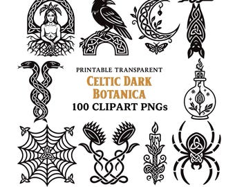 Pacchetto di 100 clipart celtiche dark botanica: nodi gotici in formato PNG (download digitale)