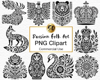 50 Russian Folk Art Clipart: Scandinavian Flowers & Animals Nordic Folklore (PNG Digital Download)