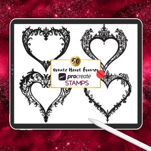 May include: A digital tablet screen displaying three black ornate heart frames with a white background. The text "50 Ornate Heart Frames" is displayed in a red box with a white outline. The text "procreate STAMPS" is displayed below the red box.