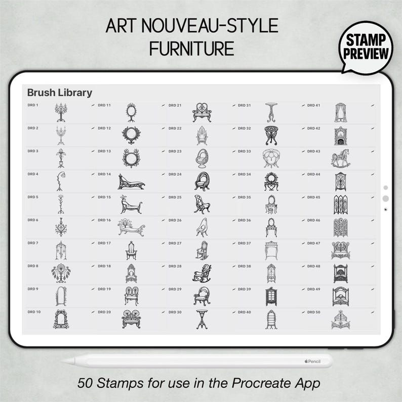 50 Art Nouveau Furniture Procreate Stamps: Vintage Interior Design ...