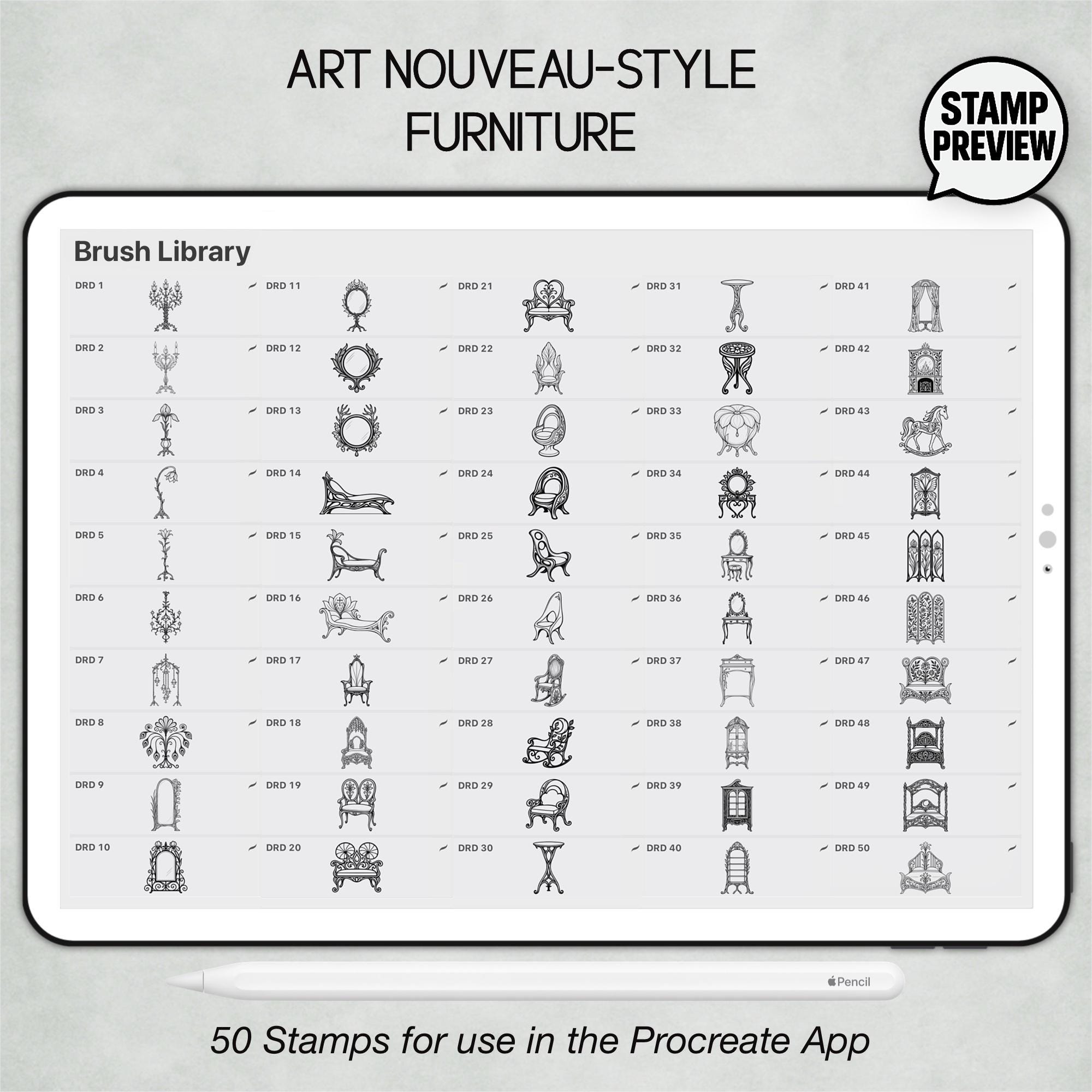 50 Art Nouveau Furniture Procreate Stamps: Vintage Interior Design ...