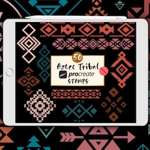May include: A digital tablet screen displaying 50 Aztec Tribal Procreate Stamps. The stamps are black, brown, teal, and pink geometric patterns. The text "50 Aztec Tribal Procreate Stamps" is displayed on the screen.