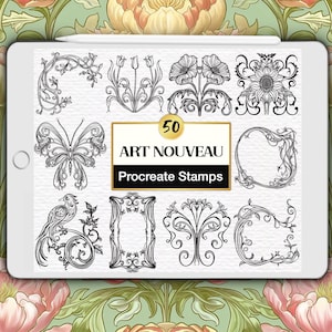 50 Art Nouveau Procreate Stamps: Floral Borders, Frames, Silhouettes (Digital Brushes)