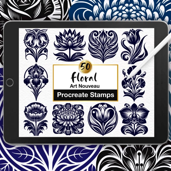50 Art Nouveau Floral Procreate Stamps: Elegant Flower Silhouette (Digital Brush Set)