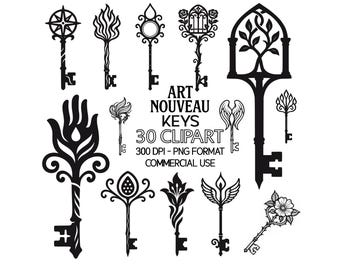 30 Clipart chiave Art Nouveau: disegni gotici vintage (download digitale PNG)
