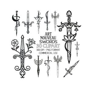 May include: A collection of black and white Art Nouveau sword clip art designs. The image includes various sword styles with floral and ornate details. Text on the image reads "ART NOUVEAU SWORDS 30 CLIPART 300 DPI - PNG FORMAT COMMERCIAL USE."