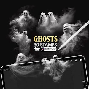 Pode incluir: Carimbos de arte digital com figuras fantasmagóricas com caveiras e tecido branco esvoaçante. A imagem inclui o texto "GHOSTS 30 STAMPS for Procreate" e um tablet digital com uma caneta.