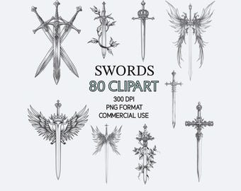 80 sovrapposizioni di clipart di spade: pacchetto PNG fantasy medievale (download digitale)