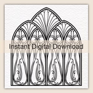 May include: A black and white digital illustration featuring a gothic-inspired arched window design with intricate floral and leaf motifs. The graphic displays symmetrical patterns with pointed arches and stylized botanical elements throughout the frame.