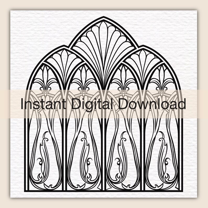 May include: A black and white digital illustration featuring a gothic-inspired arched window design with intricate floral and leaf motifs. The graphic displays symmetrical patterns with pointed arches and stylized botanical elements throughout the frame.