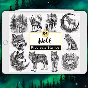 Pode incluir: Uma tela de tablet digital exibindo uma coleção de 85 ilustrações de lobos em preto e branco para o Procreate. As imagens apresentam lobos em várias poses, incluindo em pé, uivando para a lua e cercados por elementos florais ou florestais.
