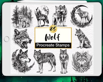 85 Wolf Procreate Stamps, Celestial Animal Design (Digital Brush Set)
